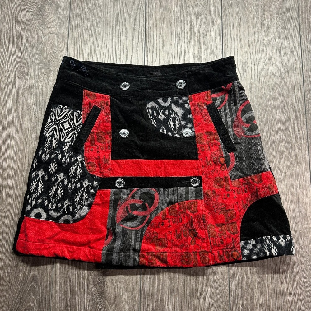 Desigual Y2K Patchwork Corduroy Mini Skirt 32" Red Black Graphic Print Boho